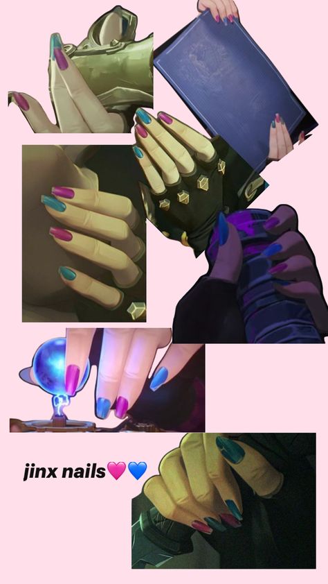 nails, arcane, jinx nails, jinx, powder Jinx Inspired Hair, Arcane Jinx Inspired Nails, Arcane Nails Ideas, Jinx Nails Season 2, Arcane Nail Art, Jinx Hair Color, Jinx Inspired Nails, Jinx's Nails Arcane, Arcane Nails Design