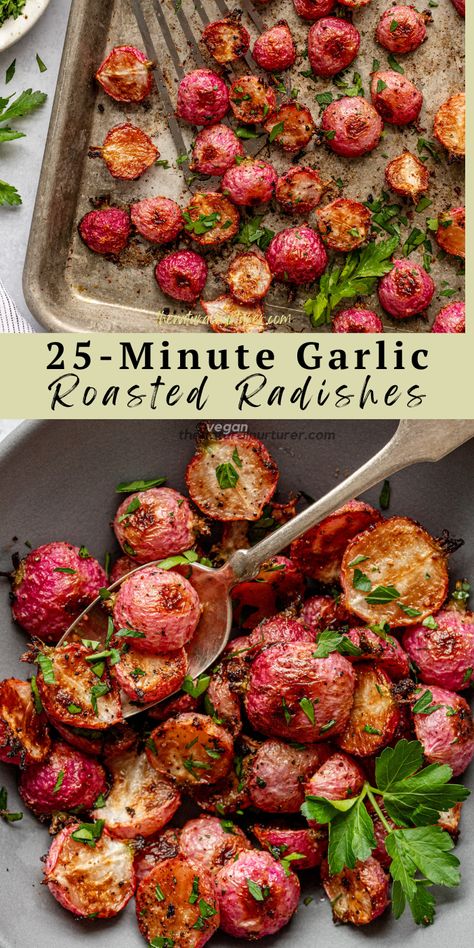 These Easy Roasted Radishes are a delicious way to enjoy this lovely root vegetable. Roasting cuts the spice of radishes and gives them a lovely flavor and texture. The perfect healthy side to any dinner. #veggieloaded Roasted Radishes Recipe, Butter Garlic Sauce, Asiago Chicken, Low Carb Side Dish, Low Carb Side, Nourishing Food, Paleo Sides, Roasted Radishes, Radish Recipes