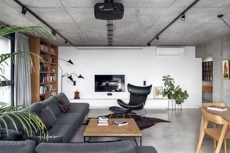 Modern Penthouse in Krakow Displays Intriguing Contrasts Modern Radiator Cover, Modern Penthouse, Radiators Modern, Concrete Ceiling, Open Plan Living Room, 아파트 인테리어, Floor To Ceiling Windows, Stirling, Open Plan Living