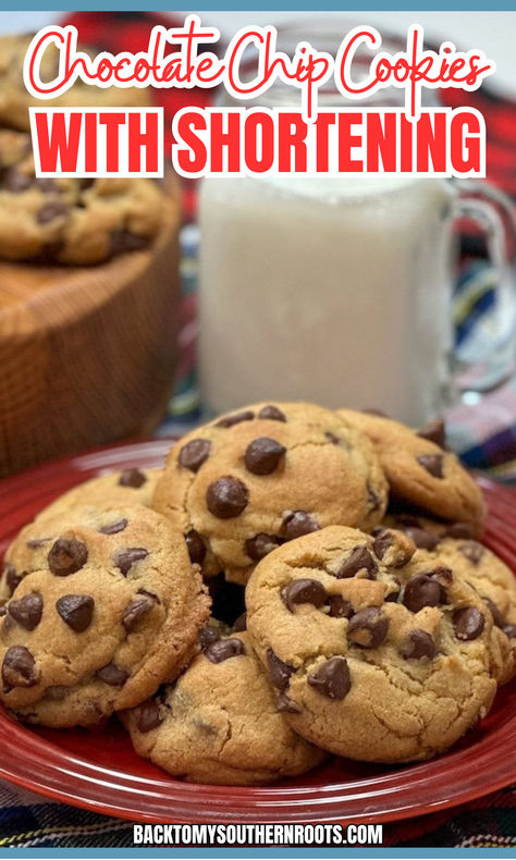 Chocolate chip cookies with shortening on a red plate. Cookies Made With Crisco, Chocolate Chip Cookies With Shortening, Cookies Made With Shortening, Chocolate Chip Cookies With Crisco, Cookies With Crisco, Cookies With Shortening, Crisco Chocolate Chip Cookies, Crisco Cookies, Christmas Dessert Cookies