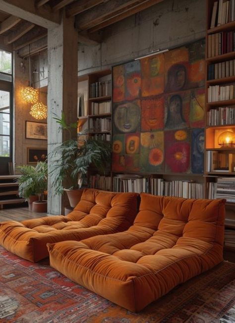 Comfy Leather Couch, Vintage Minimalism Interior, Orange Chairs Living Room, Orange Sofa Living Room, Sophisticated Interior Design, Modern Eclectic Living Room, Orange Sofa, 70s House, 70s Interior