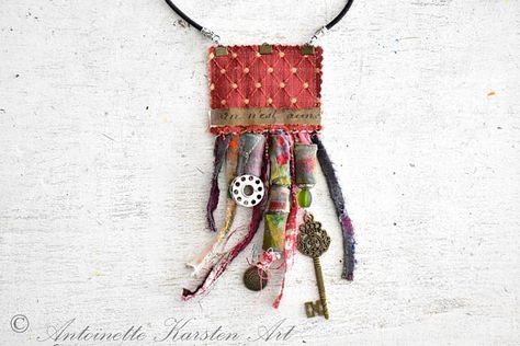 Mixed media Free spirit Hippie charm Bohemian necklace   from Stripey Stockings on Etsy French Handwriting, Leather Beaded Jewelry, Make Clay Beads, Fabric Necklaces, Leather Beads, Boho Hippie Style, Fabric Pouch, Key Art, Creative Soul