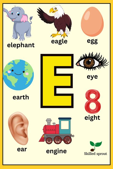 Letter E Flashcards, E Sound Words, E Words For Kids, Letter E Activities For Preschool, Kindergarten Numeracy, English Alphabets With Pictures, Phonics Reading Activities, Letter E Activities, Kids Learning Alphabet