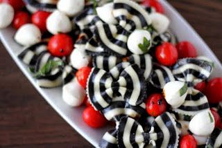 White Party Foods, Birthday Pinterest, Halloween Pasta, Bowtie Pasta Salad, Caprese Pasta Salad, Halloween Menu, Caprese Pasta, Halloween Party Dinner, Bad Company