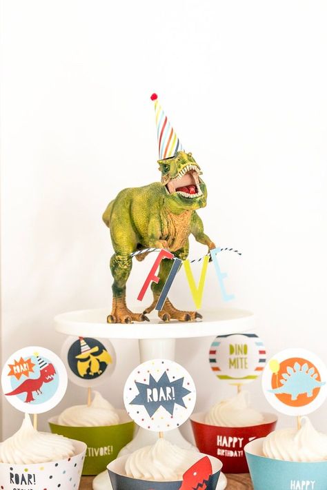 Dinosaur Props, Dinosaur Party Ideas, 3rd Birthday Party For Boy, Dinosaur Cupcake, Dinosaur Party Invitations, Cupcake Cups, Terrarium Centerpiece, Colorful Dinosaur, Party Dinosaur