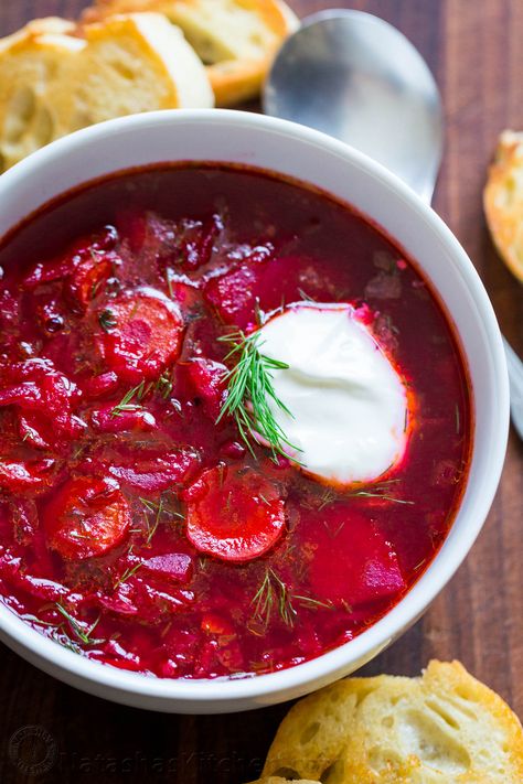 This is a classic Ukrainian Borscht Recipe, just like Mom used to make. I love the deep ruby color of this borsch; so healthy and nutritious. | natashaskitchen.com Mennonite Borscht Soup, Canning Borscht Soup, Borsh Soup Recipes, Classic Borscht Recipe, Easy Polish Recipes, Borscht Soup Recipe, Ukrainian Dishes, Ukrainian Borscht, Potato Pancakes Easy