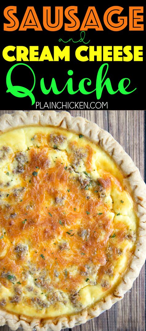 Sausage and Cream Cheese Quiche - so quick and easy. Everyone LOVED this recipe!! Can make ahead and freeze for later. Pie crust, sausage, cream cheese, cheddar cheese, heavy cream, eggs, sour cream and pepper. Ready to eat in an hour. Great for breakfast, lunch or dinner. THE BEST! Cream Cheese Quiche, Quiche Sausage, Sausage And Cream Cheese, Sausage Cream Cheese, Sausage Quiche, Cream Eggs, Easy Quiche, Breakfast Quiche Recipes, Cheese Cheddar