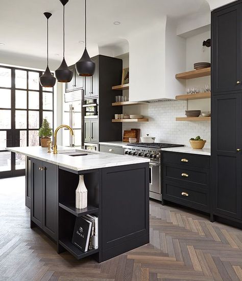 3. Herringbone Floors White Kitchen Countertops, Top Kitchen Trends, Model Dapur, Kabinet Dapur, Black Kitchen Cabinets, Mid Modern, Floor Remodel, Dream Kitchens, Black Kitchen