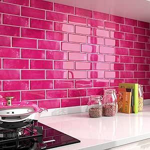 Decotalk Backsplash Tile Peel and Stick 15-Pack Hot Pink Kitchen Backsplash Tiles Peel & Stick 12x12 Inch Subway Tile Backsplash for Kitchen Wall Hot Pink Subway Backsplash for Bathroom Waterproof Peel And Stick Tile Backsplash Pink, Pink Tile Kitchen Backsplash, Pink Backsplash Kitchen, Pink Kitchen Backsplash, Pink Tile Backsplash, Redo Camper, Backsplash For Bathroom, Hot Pink Bathroom, Hot Pink Kitchen