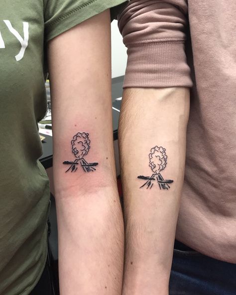 Matching couples volcano tattoos courtesy of Mattia from Paradiso Custom Tattoos in London #tattoos #coupletattoos #london #volcano Matching Moutain Tattoos, Volcano Tattoos, Lava You Tattoo, I Lava You Tattoos, Lava Tattoo, Tiny Volcano Tattoo, Volcano Tattoo Traditional, Naples Tattoo, Geology Tattoo Ideas