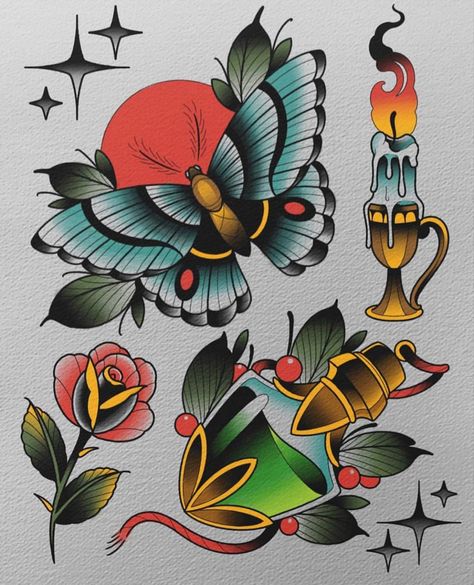 Neo Traditional Flash Art, Neo Old School Tattoo, Neo Trad Tattoo Flash, Neo Traditional Flash Sheet, Oldschool Tattoo Traditional Colour, New School Traditional Tattoo, Neo Trad Flash, Neo Traditional Butterfly, Neo Traditional Flash