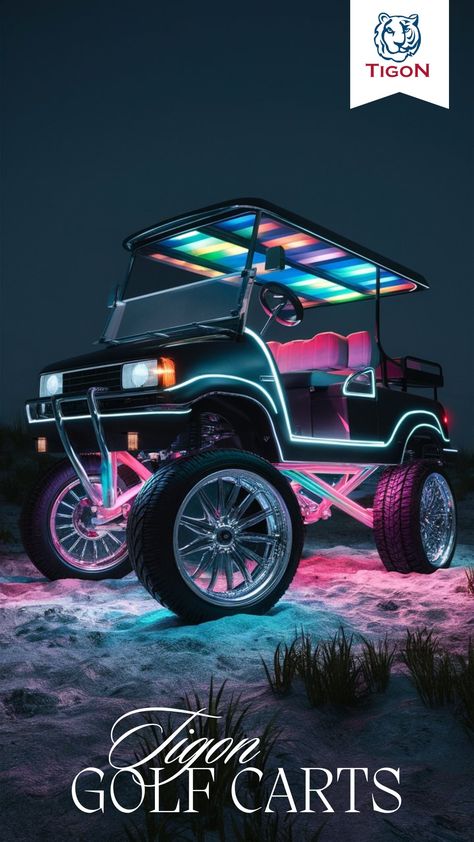 Custom Golf Cart Multi Colored Under Glow By TIGON Golf Carts Tigon Golf Carts Custom Golf Cart, Street Legal Golf Cart, Custom Vehicles, Custom Golf Carts, Cart Design, Golf Carts For Sale, Ground Effects, Custom Golf, Golf Cart