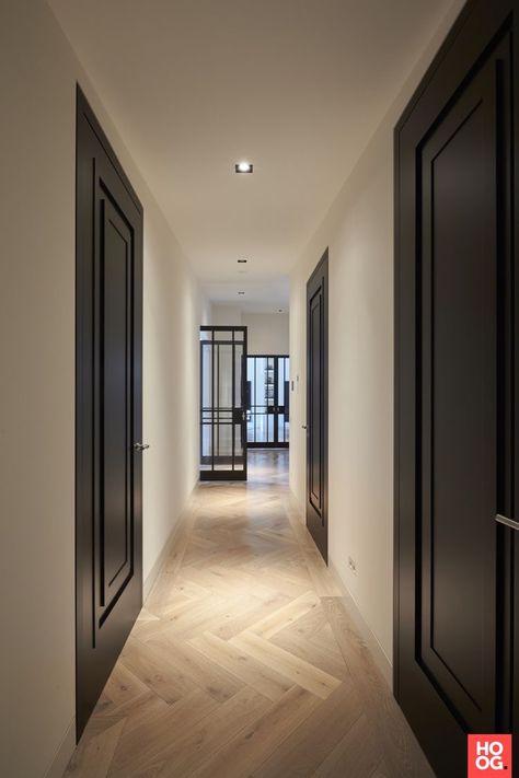 Wood Floor Design, Black Interior Doors, Corridor Design, Hallway Designs, Wooden Floors, Black Doors, Google Lens, Dream House Interior, Wood Flooring