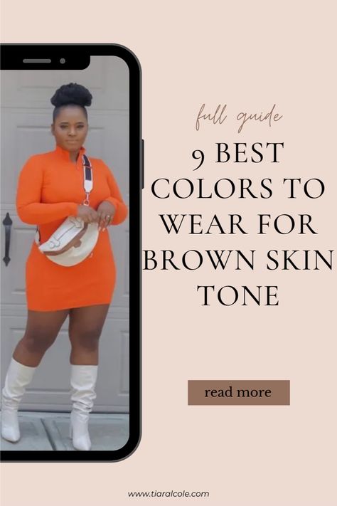 Choosing the right colors to wear can truly transform your look and boost your confidence, so let’s get ready to explore the 9 best colors that’ll make your brown skin tone pop in all the right ways! Check the blog to read more! #fashionoutfits #ootd #fashionguide #outfittips #fashiontips #styleoutfits #blackwomen #curvywomen #brownskintone #colorguide Dark Skin Clothes Color, Clothes Color For Dark Skin Women, Dress Color For Brown Skin Tone, Colours For Dark Skin Tone, Best Colors For Skin Tone, Brown Skin Outfits, Warm Skin Tone Clothes Outfit, Outfits For Brown Skin, Colors For Dark Skin Tone