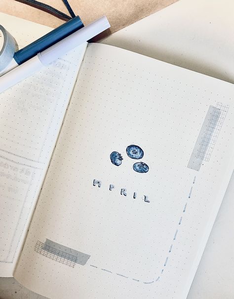 Bullet Journal April Title Spread - Blueberries Blueberry Bullet Journal, April Bullet Journal, Journal Tips, Bullet Journal Monthly Spread, Washi Tape Crafts, Bullet Journal Hacks, Journal Stuff, Bullet Journal Mood, Dream Journal