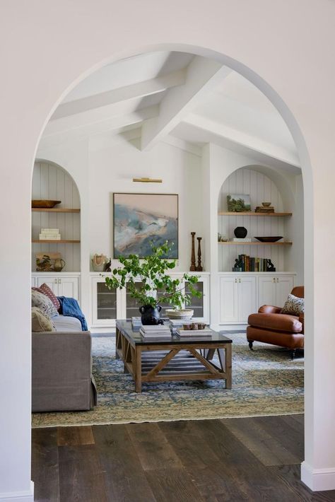 Neutral Living Room With Arched Built-Ins Arched Built Ins, Modern Transitional Farmhouse, Modern Floral Wallpaper, Transitional Farmhouse, Bathroom Vanity Designs, Vintage Style Rugs, Vanity Design, Modern Transitional, Shared Rooms