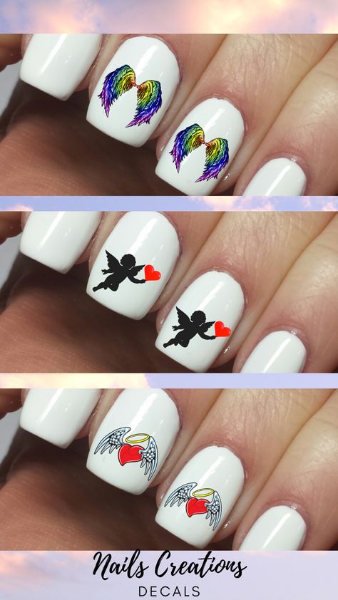 Foil Work Nail Art, Angel Nail Art, Wings Nail Art, Cute Girl Makeup, Heart With Angel Wings, Types Of Nail Polish, Natural Acrylic, Angel Nails, Waterslide Decal Paper