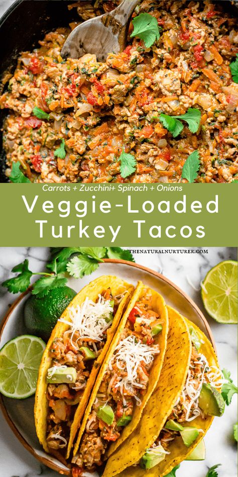 This veggie-loaded turkey taco recipe is sure to be a family favorite! Made in 30 minutes in one skillet, super flavorful and rocking 4 different veggies....its the perfect easy dinner. Veggie Loaded Recipes, Veggie Loaded Dinner Recipes, Veggie Loaded Meals, Veggie Loaded Dinner, Ground Turkey Tacos Healthy, Ground Turkey And Veggie Skillet, Hidden Veggie Taco Meat, Turkey Taco Sweet Potato, Veggie Taco Skillet