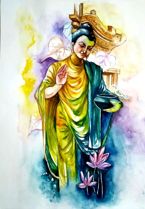 Water colour painting Water Colour Buddha Painting, Boodha Tattoo, Water Colour Painting Watercolour, Duck Watercolor, Budha Art, 3d Rangoli, Indian Drawing, Phad Painting, Potrait Painting