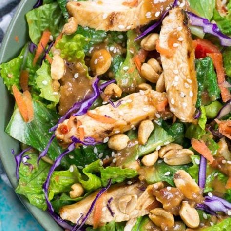 Spicy Thai Salad with Chicken (Panera Copycat) - It Starts With Good Food Panera Thai Chicken Salad, Thai Peanut Dressing, Panera Salad, Salad Copycat, Thai Grilled Chicken, Panera Copycat, Roasted Edamame, Thai Chicken Salad, Thai Salad