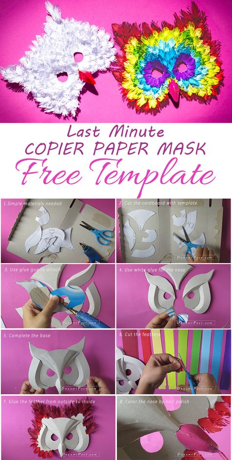 How to make 3D owl paper mask from recycles, free template Owl Costume Diy, Animal Mask Templates, Paper Mask Diy, Animal Masks For Kids, Diy Owl, Owl Paper, Paper Masks, Owl Mask, Owl Costume