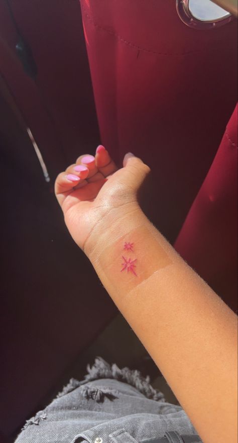 Flower Tattoos Red Ink, Red Stars Tattoo, Healed Red Tattoo, Red Sparkle Tattoo, Small Red Tattoo Ideas, Red Tattoo Ideas Female, Red Tiny Tattoo, Small Red Tattoos For Women, Red Star Tattoo