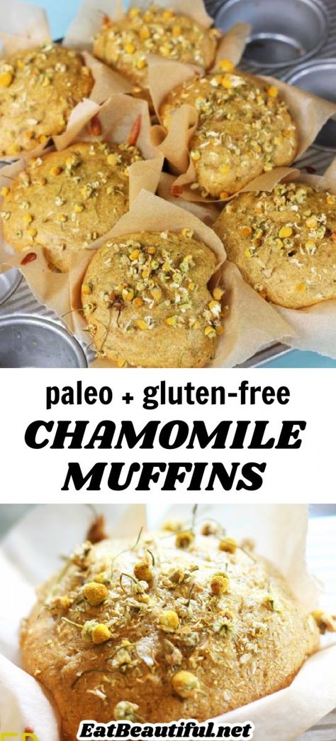 Chamomile Muffins (Paleo + Gluten-free) Dried Chamomile Uses, Chamomile Recipes Food, Herbal Food Recipes, Herbal Recipes Food, Chamomile Biscuits, Witchy Recipes Food, Herbal Desserts, Chamomile Tea Cake, Herbal Baking