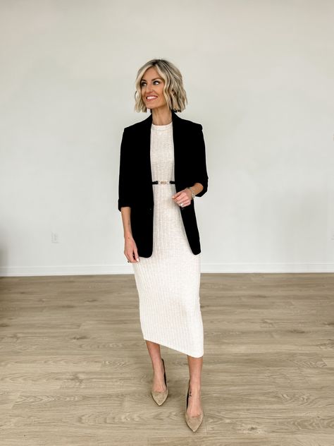 Women's Rib Knit Midi Dress - … curated on LTK Knit Dress With Blazer, Knitted Midi Dress Outfits, Midi Knit Dress Outfits, Ribbed Midi Dress Outfit, Black Belt Outfit, Knitted Dress Outfit, Pencil Dress Outfit, Cream Knitted Dress, Midi Dress Outfit