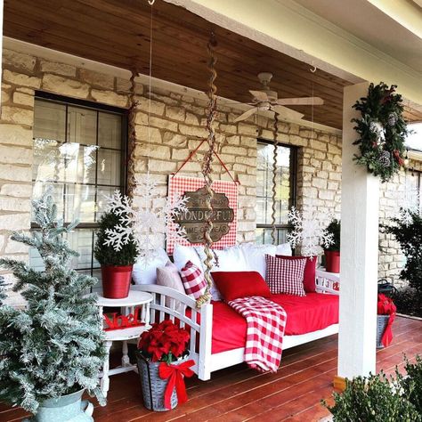 25 Festive And Gorgeous Christmas Front Porch Ideas Decorating Outdoor Bench For Christmas, Rustic Pot, Christmas Front Porch Ideas, Oversized Ornaments, Classic Wreath, Rustic Pots, Christmas Front Porch, Christmas Atmosphere, Front Porch Ideas