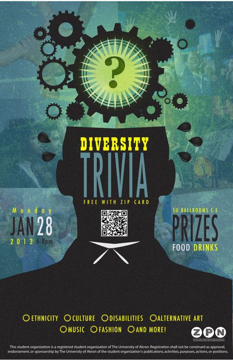 Diversity-Trivia Trivia Poster, Trivia Night Flyer, Party Design Poster, Bar Posters, University Of Akron, Poster Graphic, Pub Quiz, Night Bar, Bar Poster