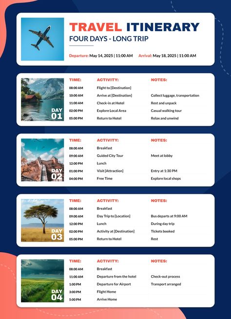 An easy-to-edit itinerary template for Google Docs. Tour Itinerary Design, Travel Itenary Template, Travel Consultant Business, Itinerary Template Free, Cruise Packing Checklist, Itinerary Design, Thailand Itinerary, Cruise Packing, Travel Preparation