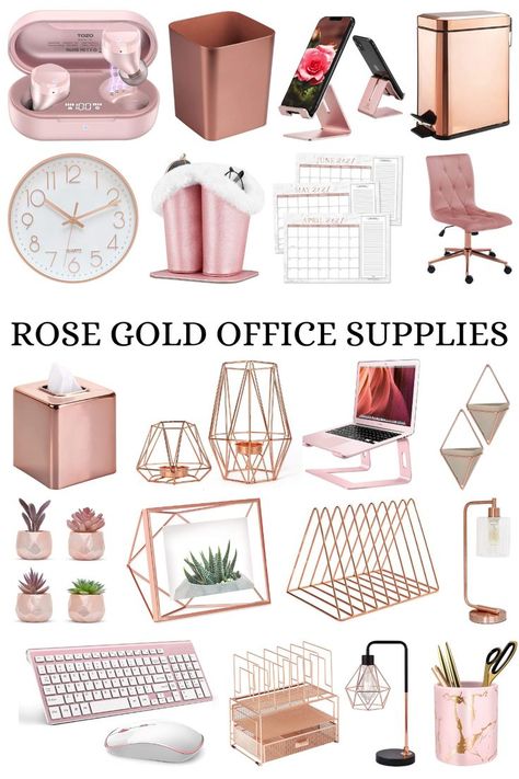 a pin for a blog post called Rose Gold Office Supplies from Amazon Rose Gold Home Office, Gold Home Office Decor, Pink And Gold Office, Gold Home Office, Rose Gold Office Decor, Pink Bedroom Accessories, Rose Gold Desk, Rose Gold Room Decor, Gold Office Supplies