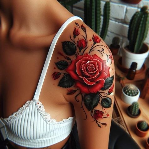 Coloured Rose Tattoo, Colorful Rose Tattoos, Skull Rose Tattoos, Rose Tattoos For Women, Flower Wrist Tattoos, Red Rose Tattoo, Tattoos For Women Flowers, Tattoos For Women Half Sleeve, Hip Tattoos Women