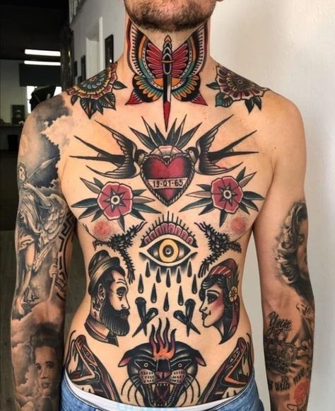 Traditional Tattoo Back Piece, Shane Tattoo, Chest Neck Tattoo, Traditional Chest Tattoo, Mens Body Tattoos, Traditional Chest, Traditional Black Tattoo, Chest Tattoo Ideas, American Traditional Tattoo Ideas