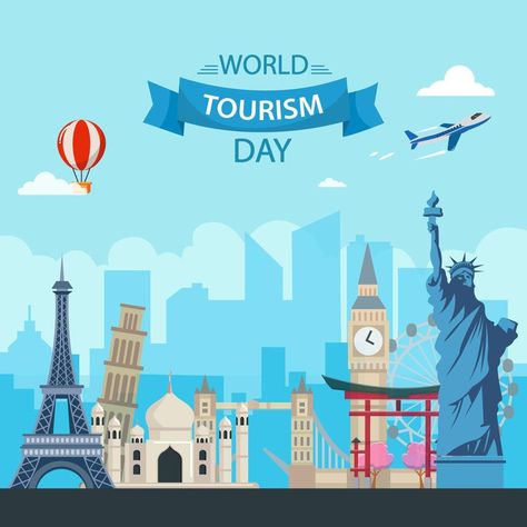 World Tourism Day. The inscription on the globe. Around the monuments of architecture. Flat vector illustration World Tourism Day Poster, Tourism Day Poster, World Tourism Day, Tourism Day, Flat Vector Illustration, Flat Vector, Vector Illustrations, Taj Mahal, Vector Art