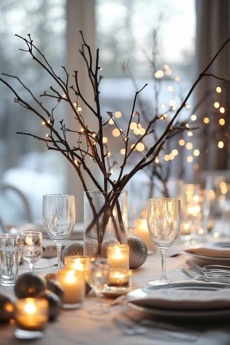 simplistic winter table setting Simple Winter Centerpieces Wedding, Winter Bridal Shower Table Decor, Winter Table Scapes Ideas, Winter Table Settings Dinner Parties, Winter Birthday Table Decor, Winter Table Settings Ideas, Minimalist Christmas Table Setting, Simple Winter Table Decor, Simple Winter Table Centerpieces