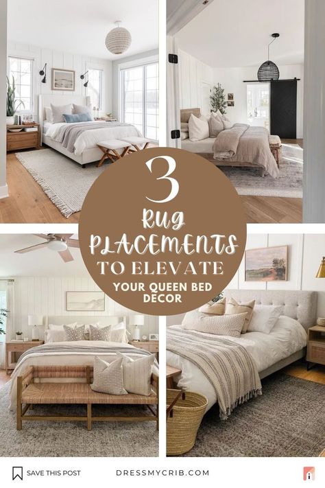 Are you confused about how to place your rug or what rug size for queen bed you should choose for your bedroom decor? Here we've collected 3 queen bed rug placements that will help you create a seamless bedroom interior. Additionally, we have concluded a rug size guide for bedroom together with their placements. Don't struggle with whether you should put bedroom rugs under bed, find the best bedroom rug placements now! Additionally, a collection of neutral rugs, vintage rugs, farmhouse rugs. Rug Placement For Bed Against Wall, Bedroom With Rug Under Bed, Queen Bed Rug Placement, Rug Size For Queen Bed, Bed Rug Placement, Rug Placement Bedroom, Queen Bed Rug, Queen Bed Decor, Bed Against Wall