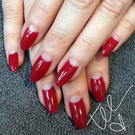 half moon nails Dita Von Teese style Red Half Moon Nails, 1920s Nails, Reverse French Manicure, Half Moon Manicure, Half Moon Nails, Moon Manicure, Gel French Manicure, Retro Nails, Moon Nails