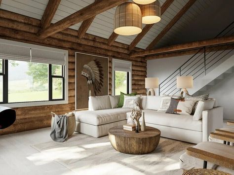 Modern Log Cabin Interior Pendant Lights, Log Home Modern Interiors, Diy Cabin Renovation, Updated Log Home Interiors, Cabin Interior Remodel, Light Log Cabin Interior, Modernize Log Home, Log Cabin Game Room Ideas, Organic Modern Log Cabin