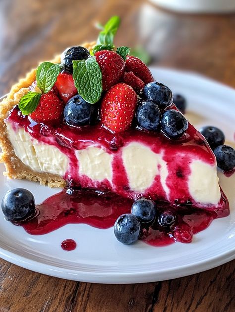 Summer Berry Cheesecake 🍬  Ingredients 🍬 3/4 cup salted butter, at room temperature, cubed 🧈 1/3 cup sugar 1 teaspoon lemon zest 2 egg yolks 🥚 1/2 teaspoon vanilla extract 1-1/2 cups all-purpose flour FILLING: 5 packages (8 oz) cream cheese, softened 🧀 1 cup sugar 🍬 1/4 cup half-and-half cream 🥛 3 tablespoons all-purpose flour 🌾 1/2 teaspoon lemon zest 🍋 1/4 teaspoon vanilla extract  2 eggs  1 cup strawberries, crushed 🍓 1 cup blueberries, crushed 🫐 Fresh mixed berries for decoration Lemon Berry Cheesecake, Cheesecake Ingredients, Fruit Cheesecake, Yummy Cheesecake, Food To Try, Banana Dessert Recipes, Berry Cheesecake, Festive Desserts, Awesome Food