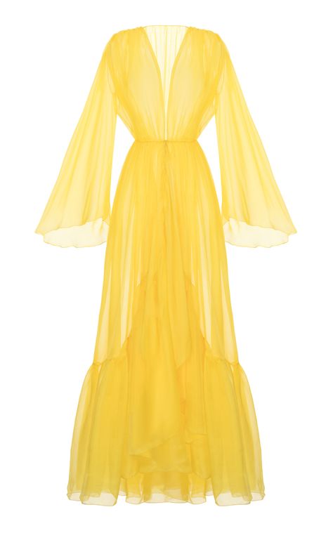 Sheer Silk Draped Duster by RASARIO for Preorder on Moda Operandi Yellow Chiffon Dress, Kebaya Brokat, Silk Clothes, Silk Outfit, Beachwear Fashion, Western Dresses, Looks Style, Fancy Dresses, Chiffon Dress