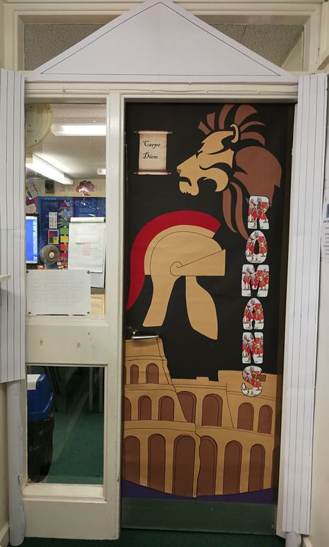 Classroom door, Romans Ancient Rome School Project, Roman Classroom Display, Ancient Rome Decor, Romans For Kids, Year 4 Classroom, Social Studies Bulletin Boards, Ancient Rome Projects, Teacher Door Decorations, Teaching Displays