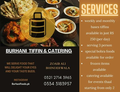 Tiffin Service Menu Card Indian, Tiffin Service Pamphlet, Tiffin Menu, Tiffin Service, Office Catering, Food Business Ideas, Pamphlet Design, Food Menu Design, Food Business