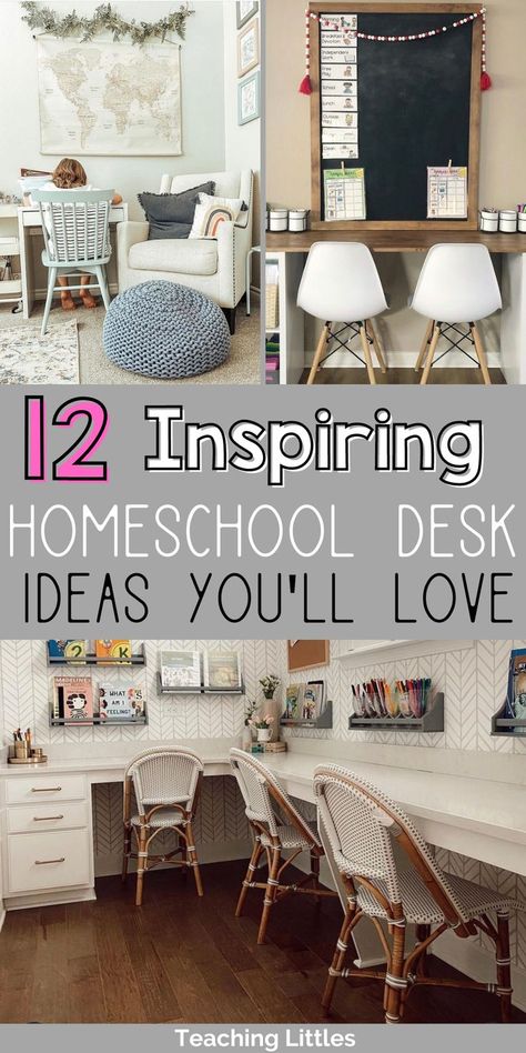 Homeschool Desk Ideas, Kids Office Space, Small Space Homeschool Organization, Small Space Homeschool Room, Homeschool Classroom Setup, Kids Homework Room, School Room Organization, Homeschool Desk, Kids Desk Area