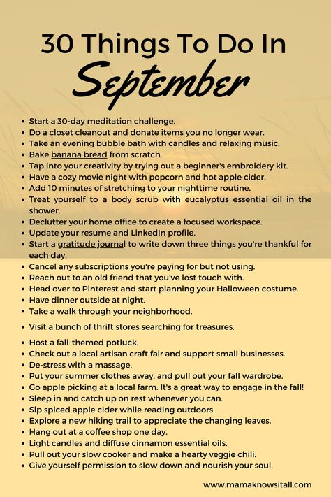 30 Things to Do For You in September - Mama Knows It All Fun Things To Do In September, What To Do In September, September Rituals, Romanticize September, September Goals List, Goals For September, September Bingo, September Checklist, September To Do List