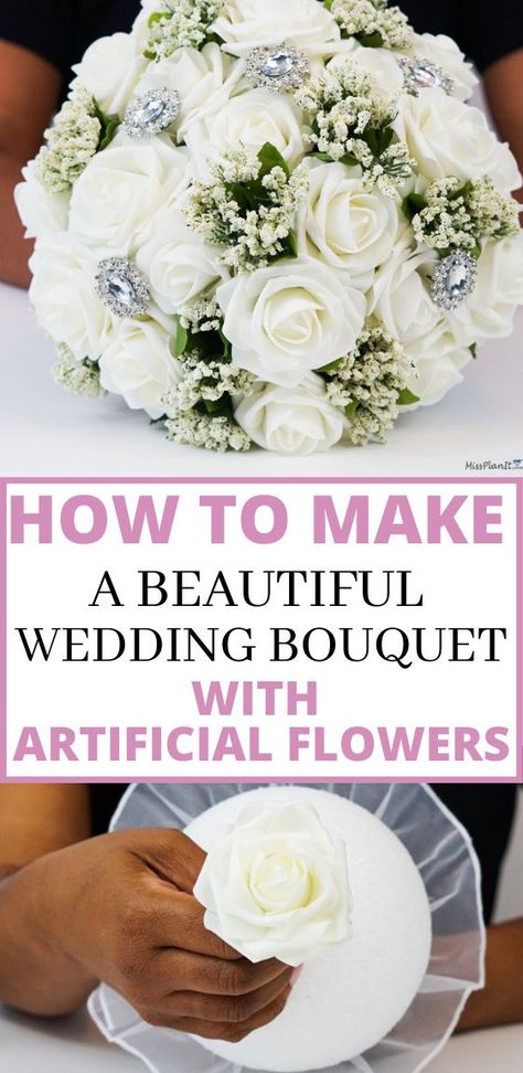 Diy Wedding Bouquet Foam Ball, How To Diy Flowers For Wedding, Artificial Roses Ideas, Wedding Bouquets Artificial Flowers, Fake Wedding Flowers Bouquets, How To Diy Bridal Bouquet, Diy Fake Flower Arrangements For Wedding, Silk Flower Bouquets Diy, Diy Bridal Bouquet Fake Flowers Simple