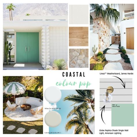 Palm Springs Mood Board, Modern Coastal Exterior, Coastal Facade, Palm Springs Interior Design, Style Sourcebook, Mid Century Modern Palm Springs, House Moodboard, Palm Springs Mid Century Modern, Californian Bungalow