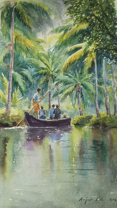 Scenery Tattoo, Kerala Backwaters, Watercolor Scenery, Kerala Mural Painting, Boat Painting, Indian Art Paintings, Sketchbook Art, Mural Painting, Sketchbook Art Inspiration