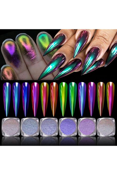 CHARMING MAY Holographic Chrome Nail Powder Sparkle Diamond Reflective Glitter Dust Metallic Nail Powder Magic Galaxy Effect for Nails Art (12Box Chameleon) Rainbow Eyeshadow, Dip Manicure, Chrome Nail Powder, Manicure Gel, Chrome Nail, Manicure Diy, Glitter Dust, Shiny Nails, Nail Powder