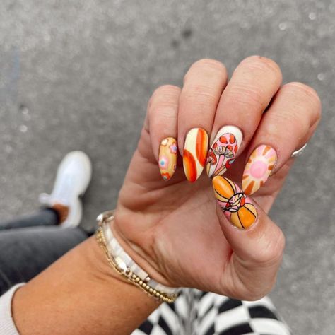 mushroom nails, 70s nail art designs, mushroom nail designs, mushroom nail art ideas, trippy mushroom nails, psychedelic mushroom nails, hippie nails, swirl nails, summer nail designs 2022, summer nails 2022, drippy nails, hippie nails 2022, psychedelic mushroom and swirl nail designs, trippy nails, hippie mushroom nails, psychedelic nail art Mushroom Nail Designs, Mushroom Nail Art, Mushroom Nails, Burgundy Acrylic Nails, Crazy Nail Designs, Sheer Nails, Boho Nails, Funky Nail Art, Hippie Nails